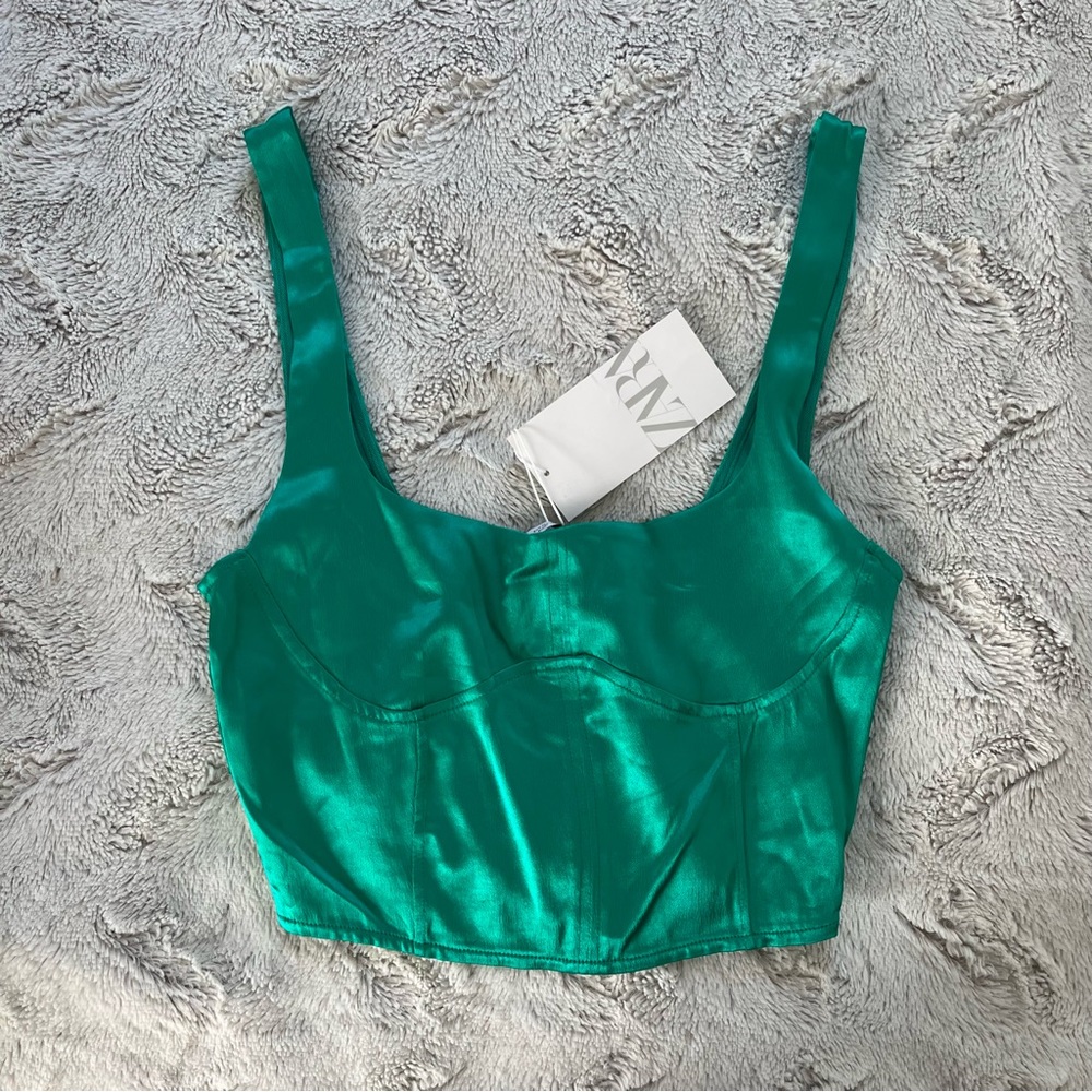 NWT Zara Satin Emerald Bustier Crop Top